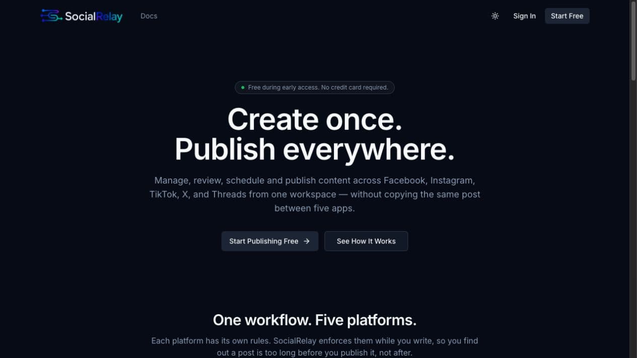 SocialRelay — AI-Assisted Social Publishing website screenshot